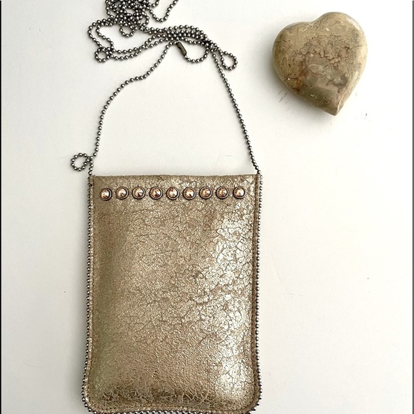 LEATHEROCK | Crossbody Tan Metallic Sparkly Swarovski Crystals 5x7 Evening Bag - Picture 1 of 8